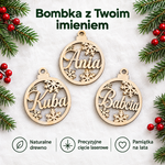 Bombka z Twoim imieniem – naturalne drewno, cięcie laserowe