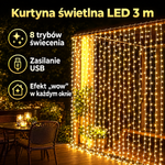 Kurtyna świetlna LED 3 m – 8 trybów świecenia, zasilanie USB